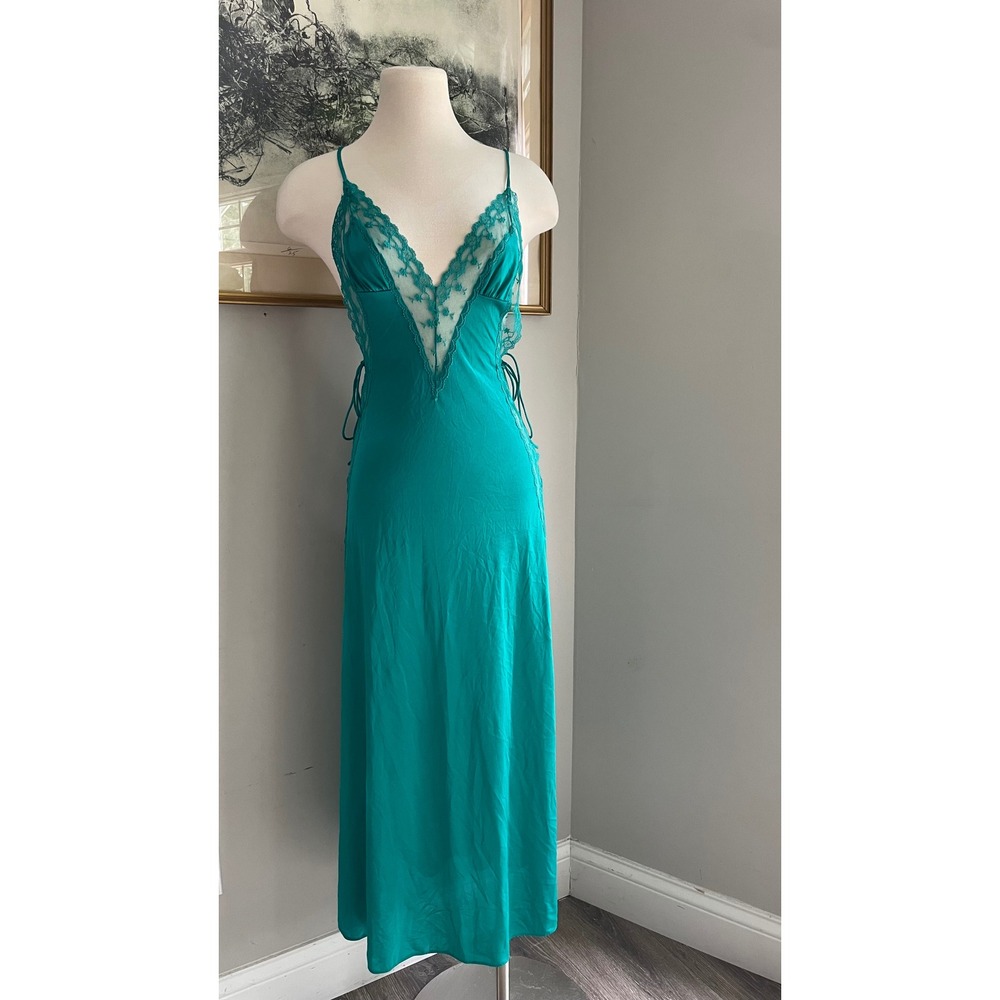 Vintage Kayser Teal Enkalure Nylon Lace Trim Nightgown Slip Dress Petite USA
